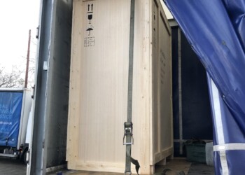 Crate leaving the site, on this occasion heading to the docks for sea freight to Australia